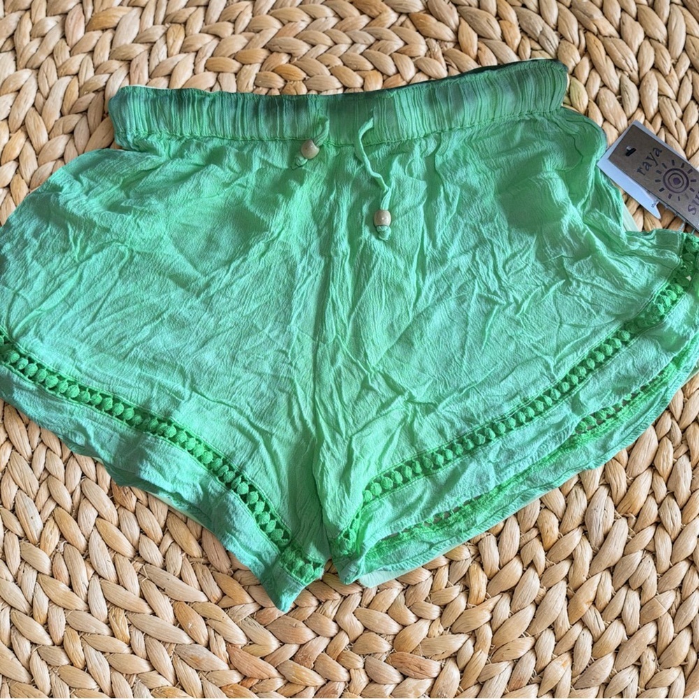 Rays Sun Junior Lime Green Pom Pom Shorts Boho Chic Beach Vacation Drawstring L - Picture 2 of 14